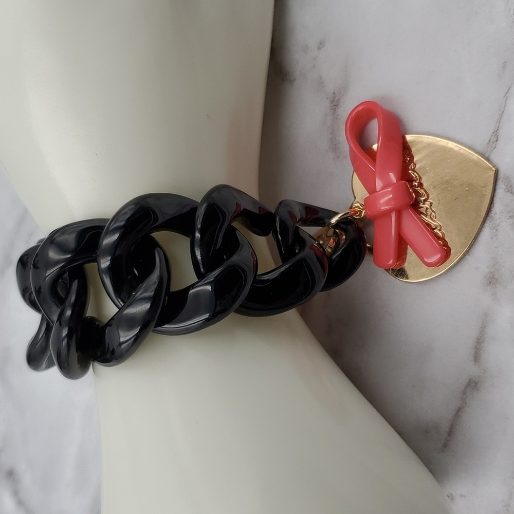 Alisha D. Acrylic Black Links & Gold Heart/Pink Ribbon Bracelet